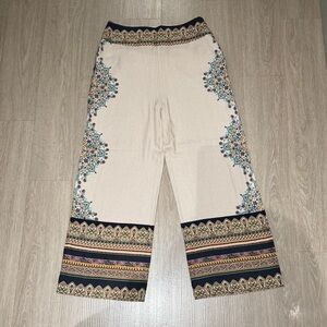 Anthropologie Cream Wide-Leg Pants with Navy and Multicolor Border